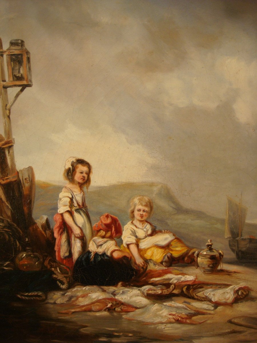 Marine Painting Children Of Fishermen Period 19th-photo-2