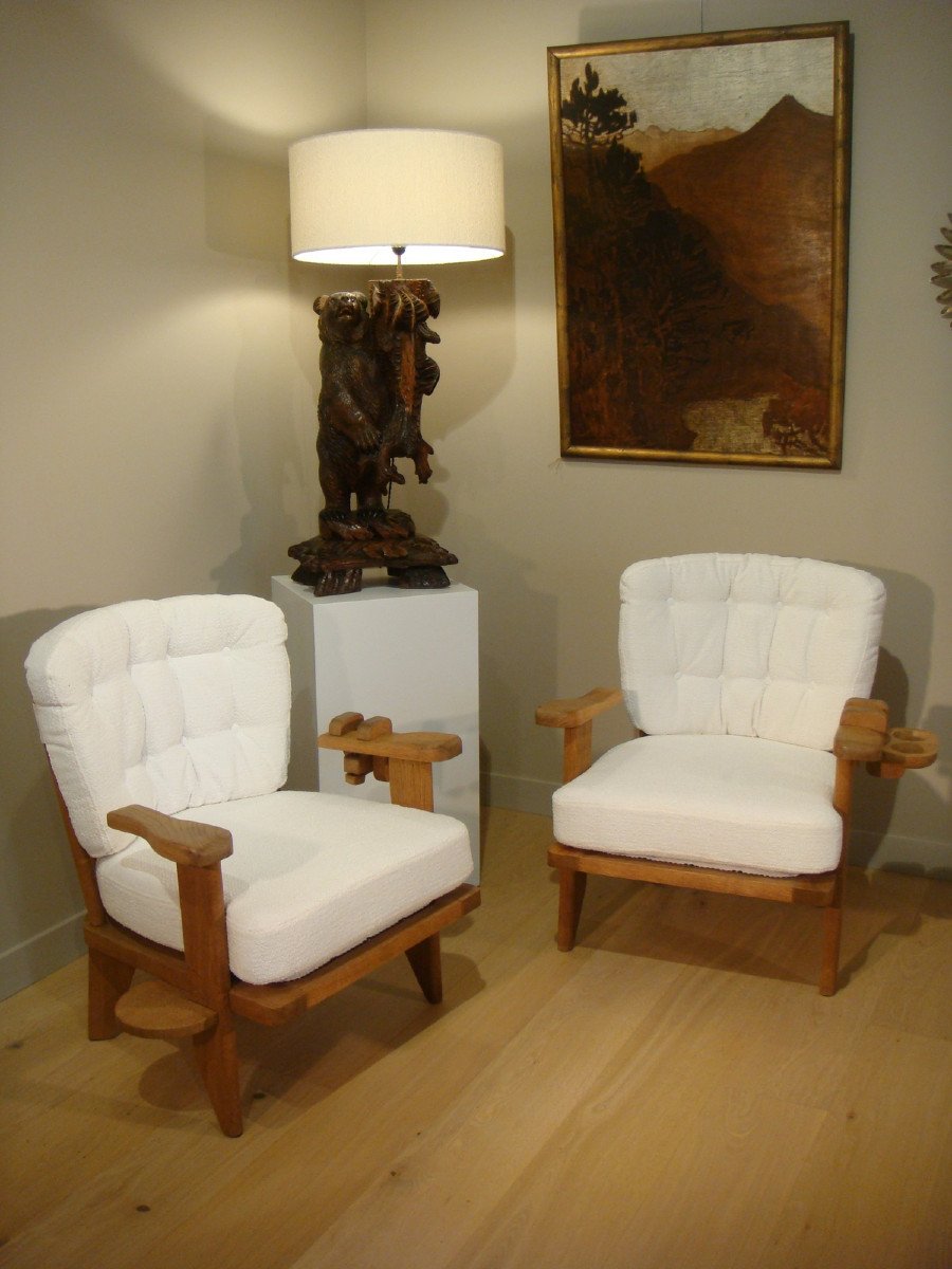 Pair Of Oak Armchairs And Their Guillerme Et Chambron Glass Holders Circa 1950-photo-2