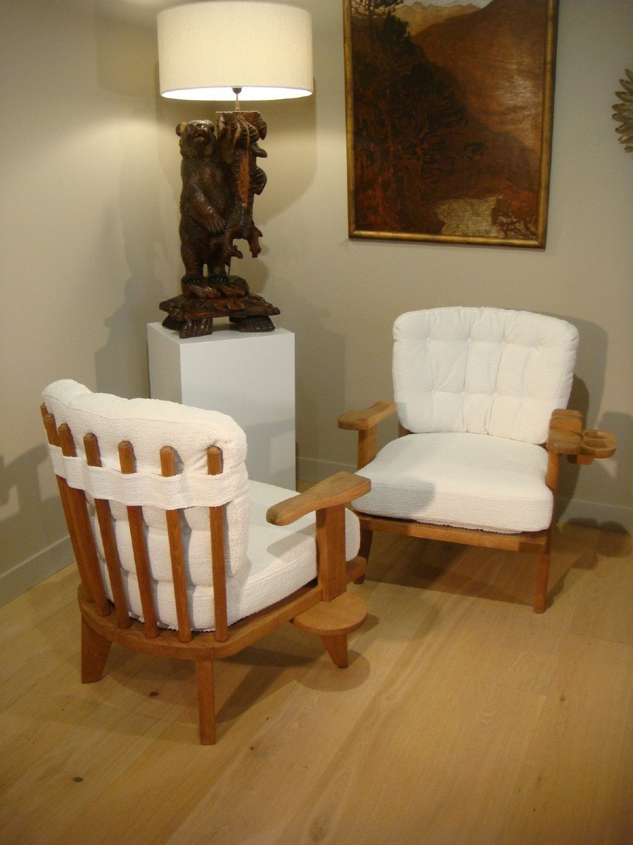 Pair Of Oak Armchairs And Their Guillerme Et Chambron Glass Holders Circa 1950-photo-3