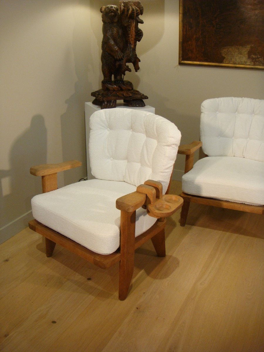 Pair Of Oak Armchairs And Their Guillerme Et Chambron Glass Holders Circa 1950-photo-4