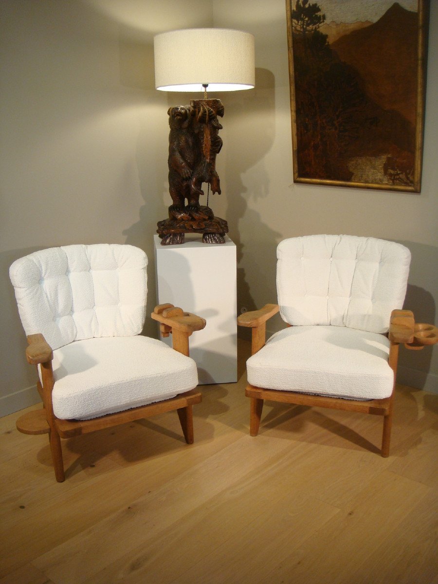 Pair Of Oak Armchairs And Their Guillerme Et Chambron Glass Holders Circa 1950-photo-8