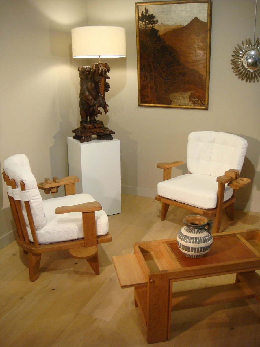 Pair Of Oak Armchairs And Their Guillerme Et Chambron Glass Holders Circa 1950