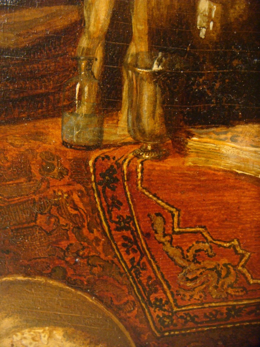 L’apothicaire Alchimiste Tableau Huile Sur Panneau Epoque Fin XVIII ème Siècle-photo-3