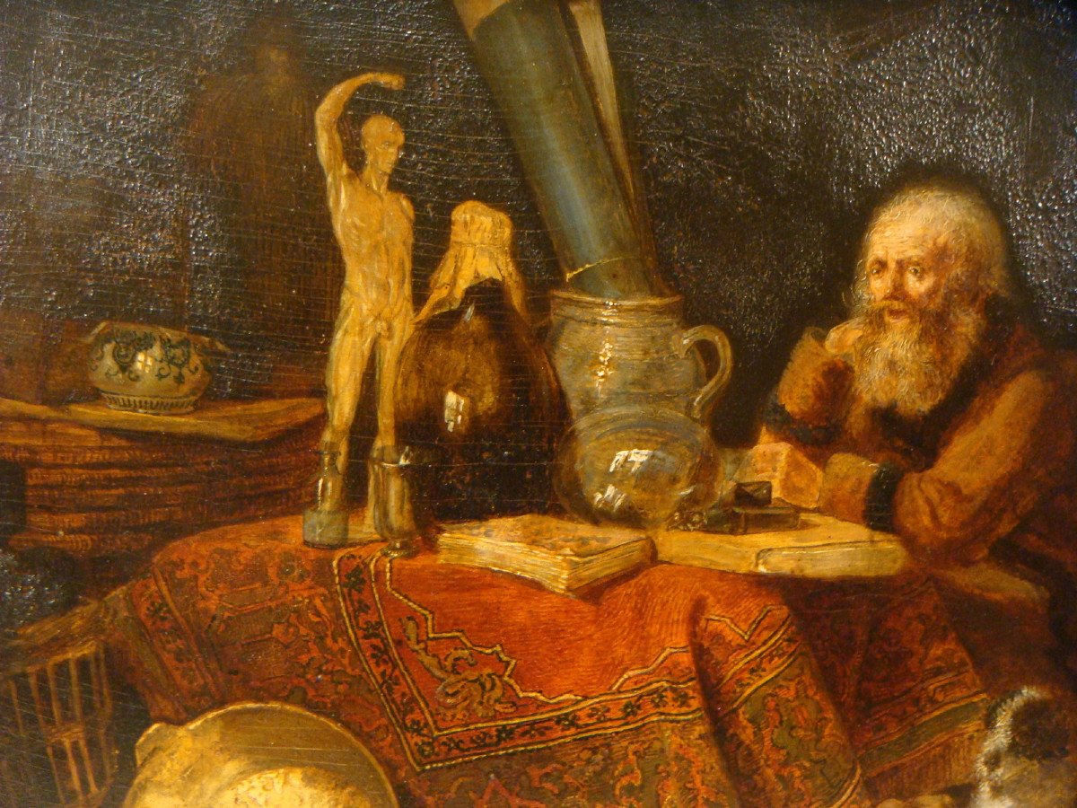 L’apothicaire Alchimiste Tableau Huile Sur Panneau Epoque Fin XVIII ème Siècle-photo-7