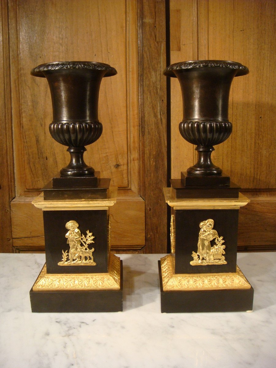 Pair Of Medici Vases In Brown Bronze And Gilt Bronze, Restoration Period.-photo-2
