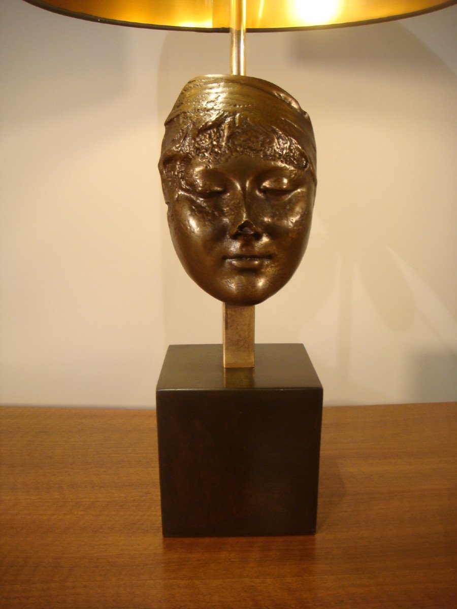 Lampe A Masque De Jeune Femme En Bronze Epoque Vers 1970-photo-2