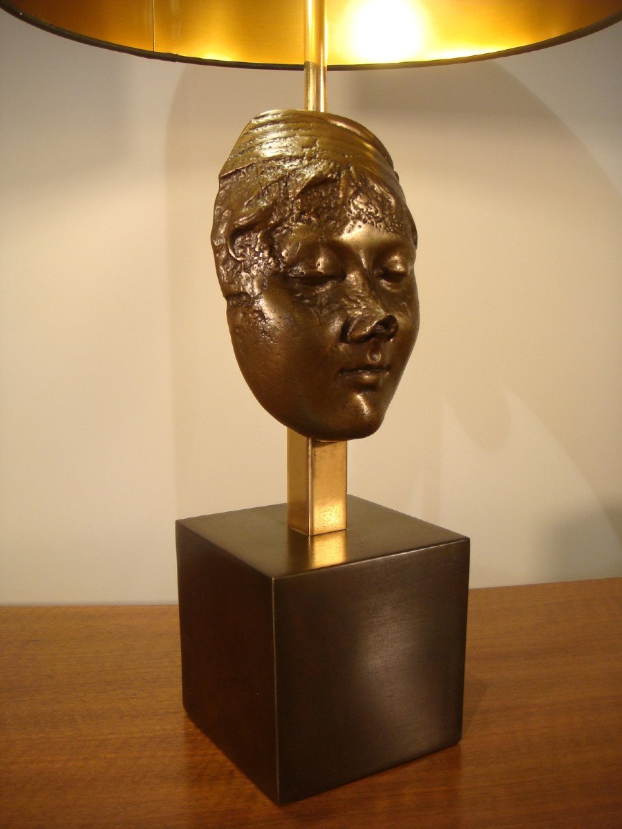 Lampe A Masque De Jeune Femme En Bronze Epoque Vers 1970-photo-3