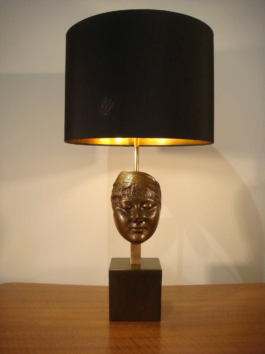 Lampe A Masque De Jeune Femme En Bronze Epoque Vers 1970