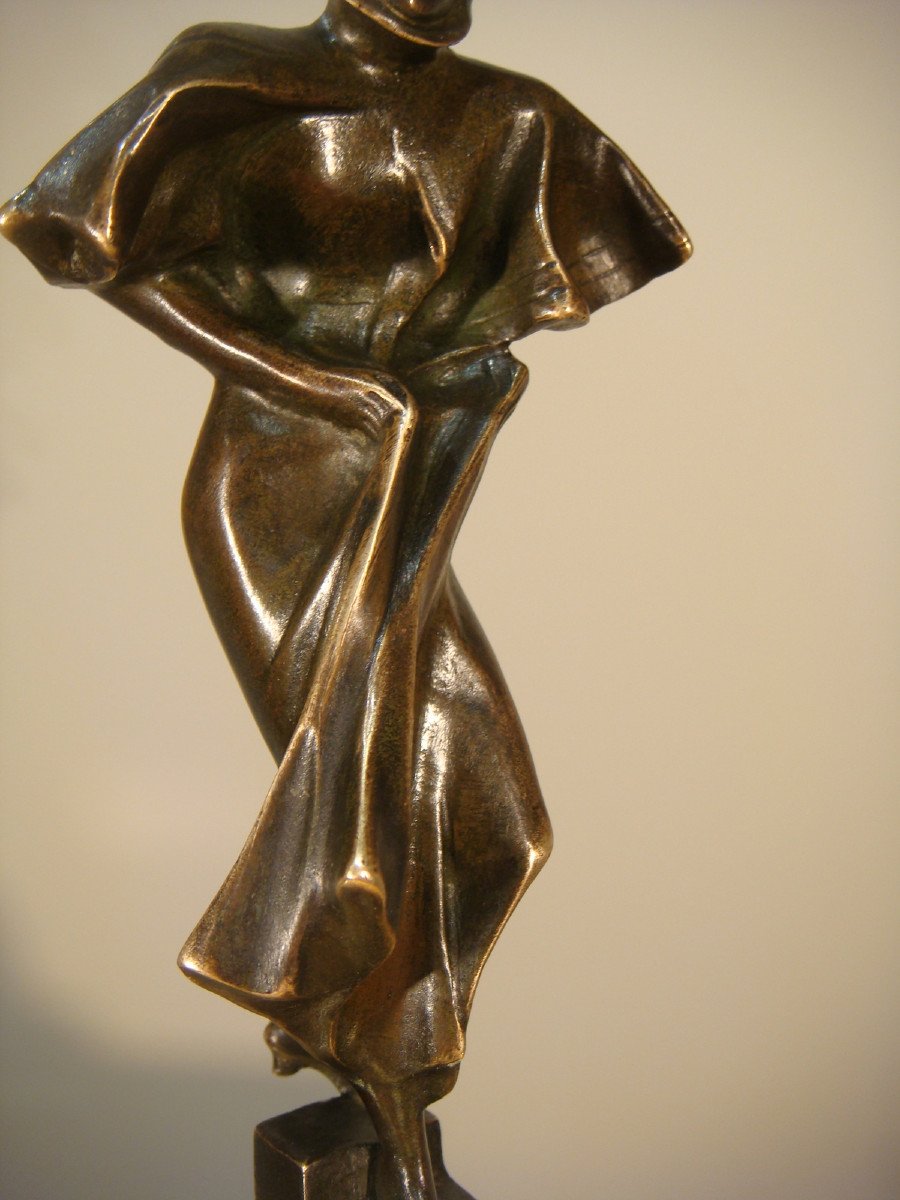Sculpture Bronze Jeune Parisienne Dans Le Vent De Van Hove - Epoque 1900 -photo-4