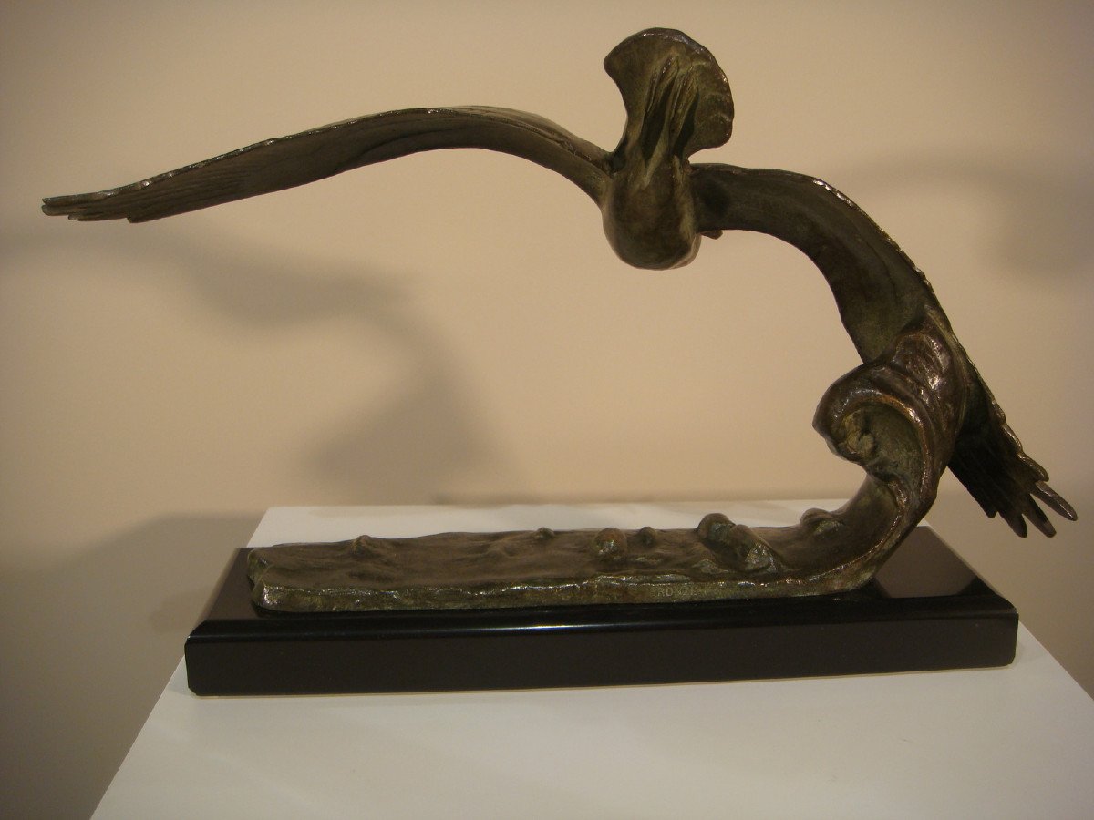 Sculpture En Bronze Mouette Sur Une Vague Epoque Art Déco-photo-2