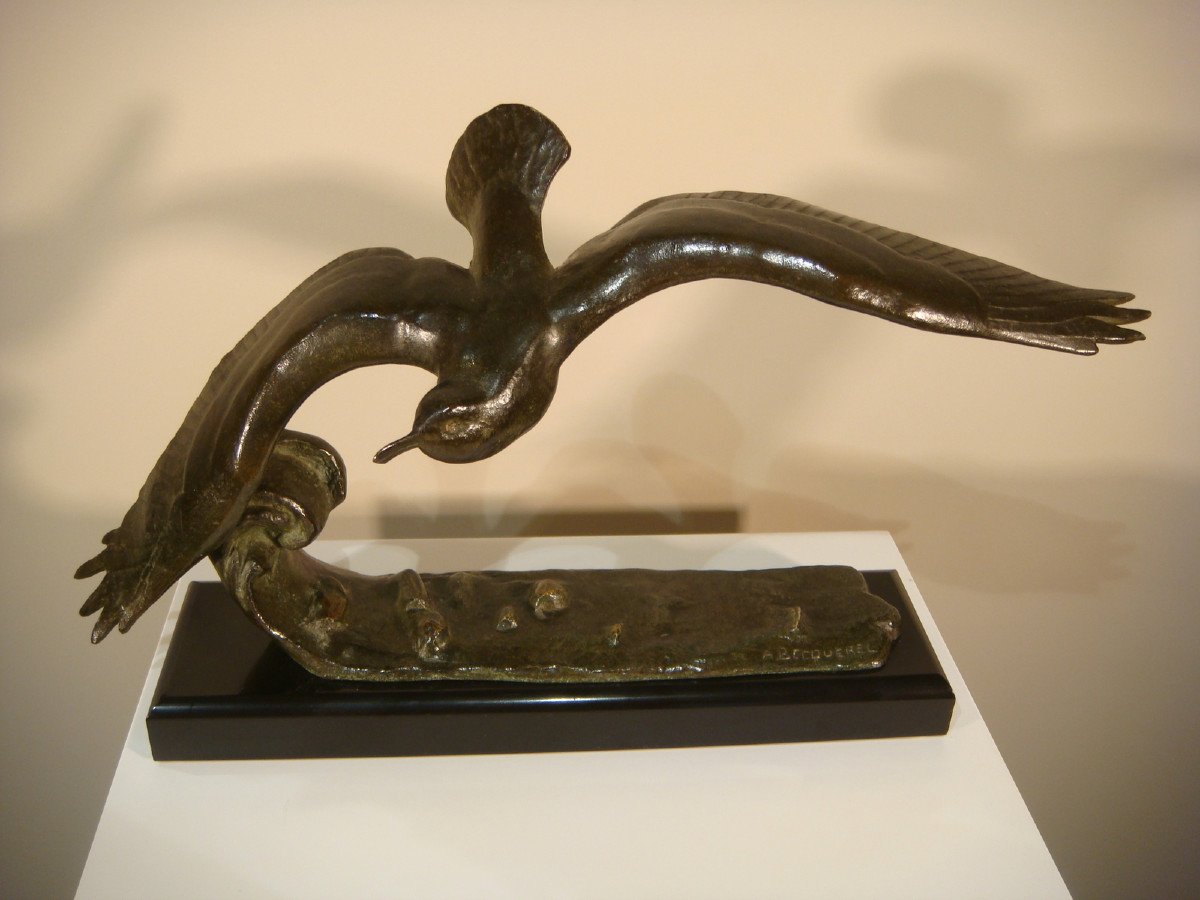 Sculpture En Bronze Mouette Sur Une Vague Epoque Art Déco-photo-3