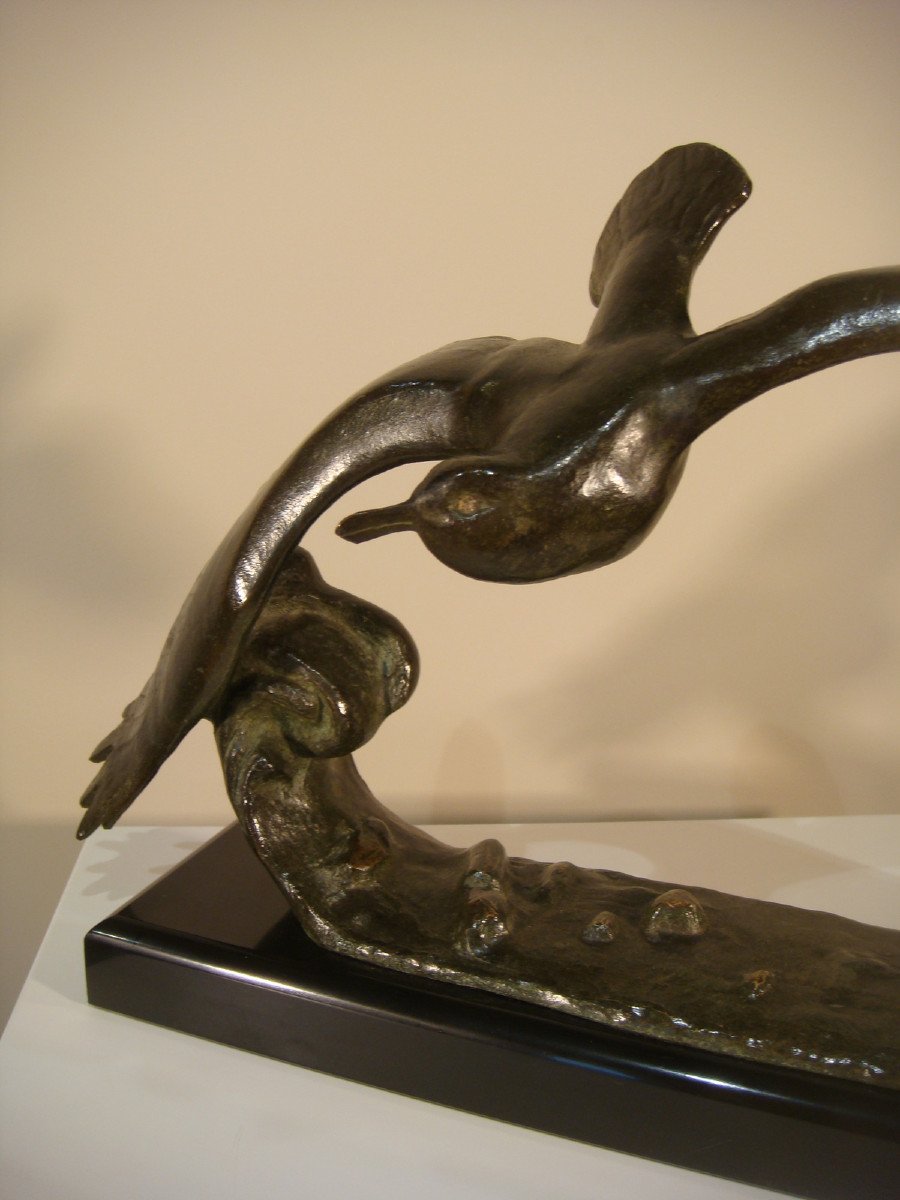 Sculpture En Bronze Mouette Sur Une Vague Epoque Art Déco-photo-4