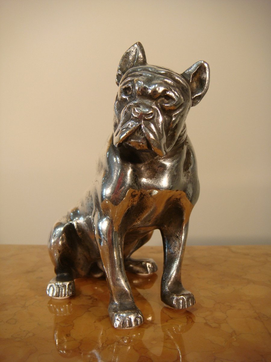 Sculpture Bulldog En Bronze Argente Bourcart - Epoque Vers 1930 -photo-1