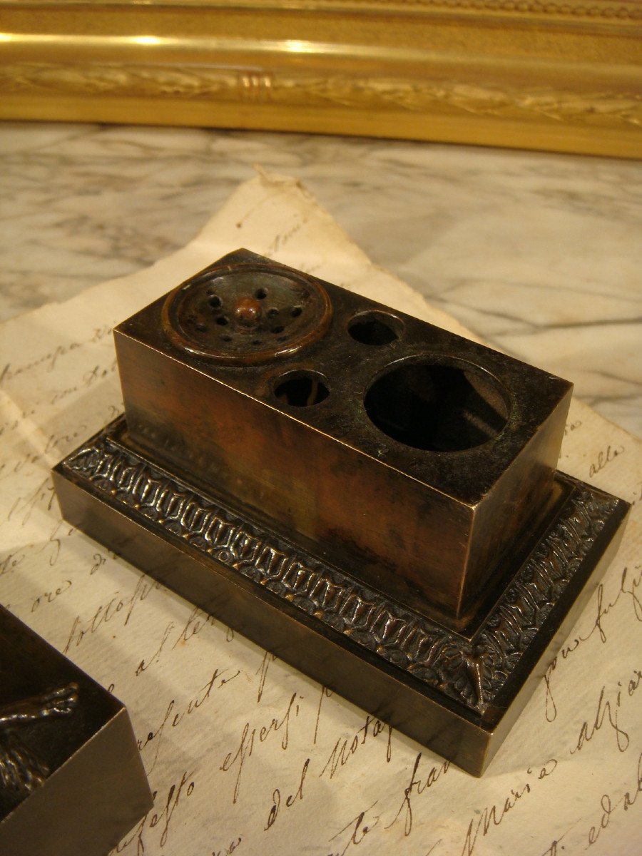 Encrier En Bronze Au Levrier Epoque Restauration -photo-2