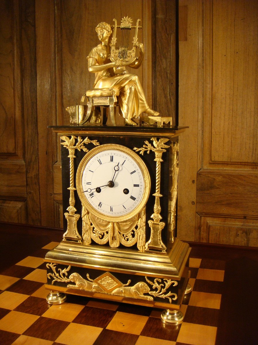 Bronze Clock Woman Playing The Lyre Empire Period -photo-2