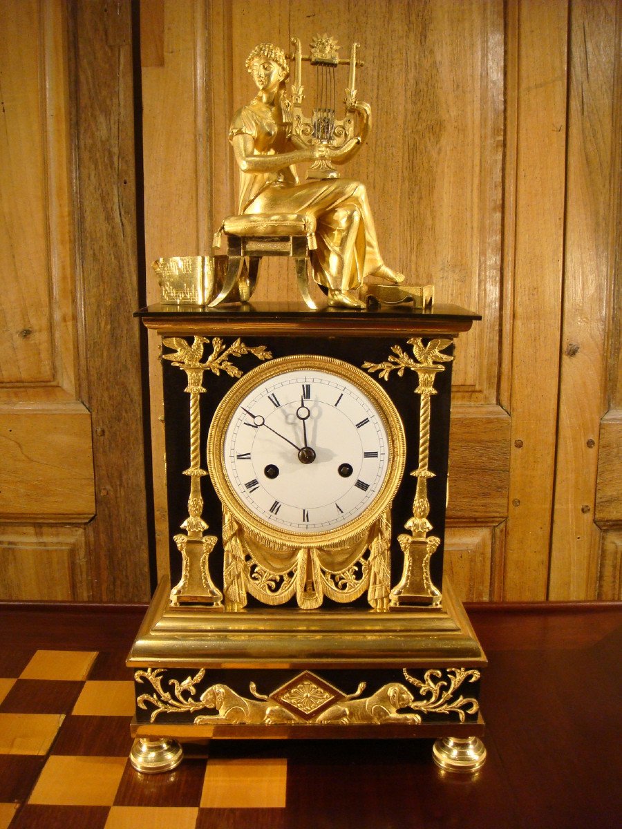 Bronze Clock Woman Playing The Lyre Empire Period 