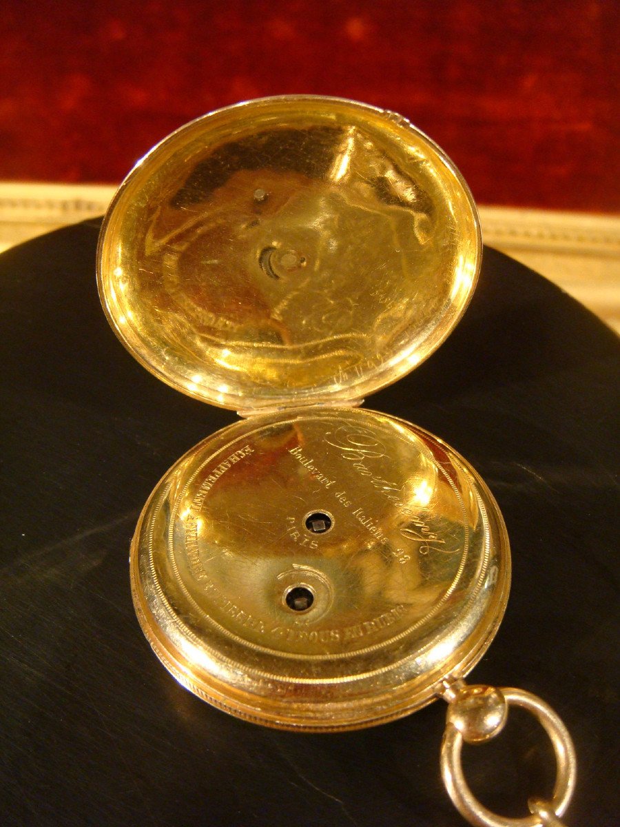 Gold Pocket Watch With Armory And Its Barthélemy Chain - 19th Century Period-photo-2