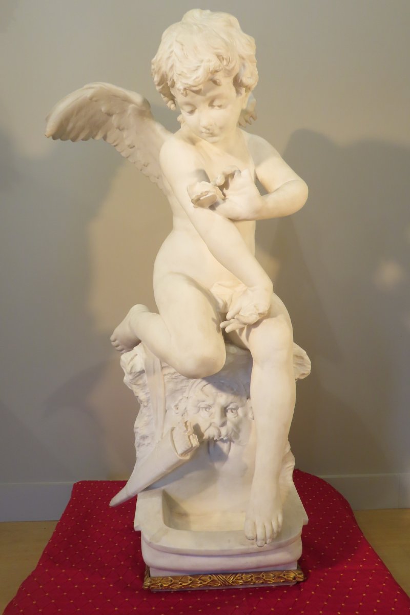 Marble Sculpture Cupid Angel With Butterfly Clement Leopold Steiner -photo-2