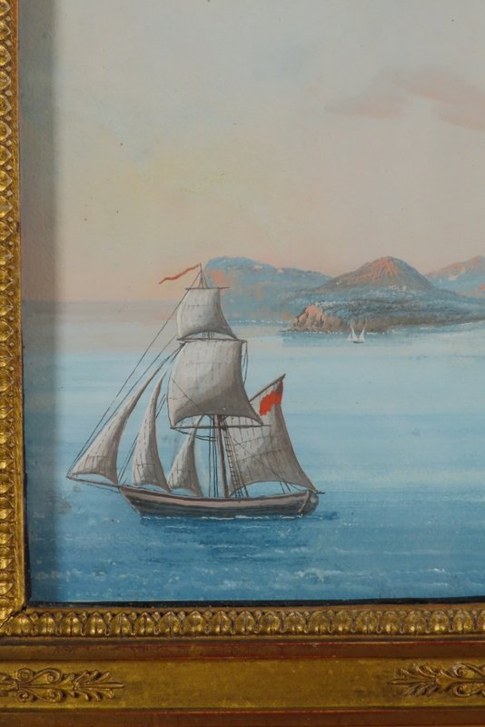 Marine Painting Gouache On Paper Period Early 19th Century -photo-1