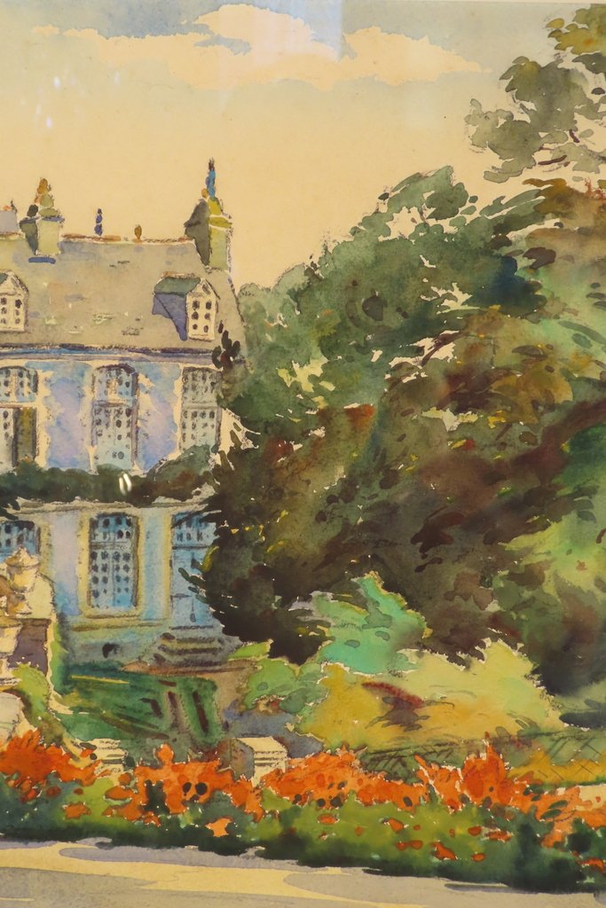 TABLEAU AQUARELLE LES JARDINS DE L’HOTEL DE LIMUR VANNES André Mahuas XX ème -photo-1
