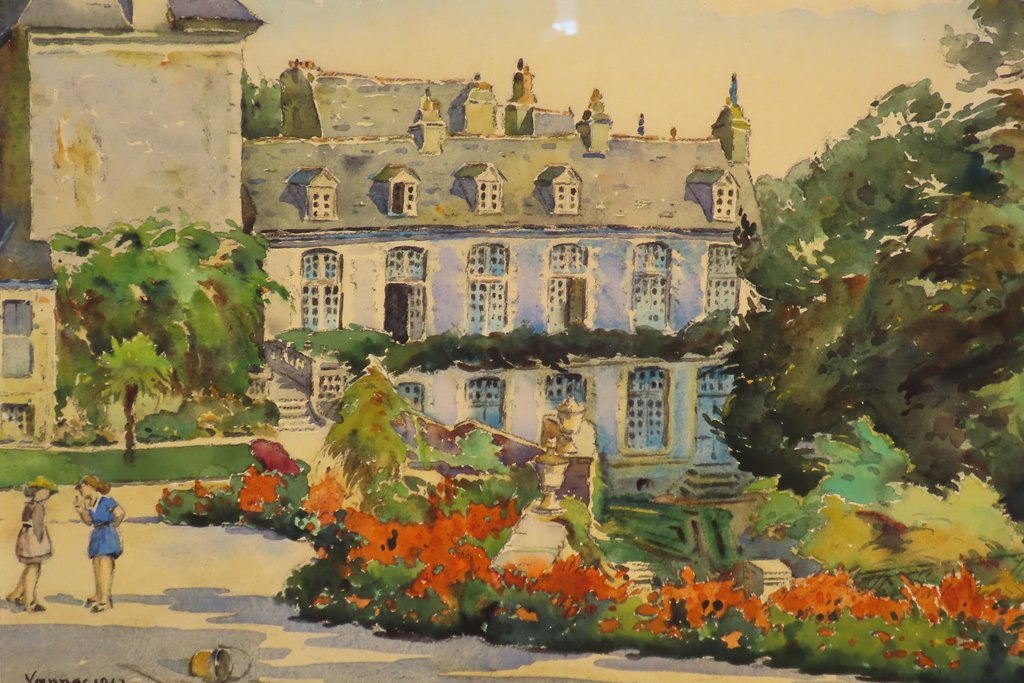 TABLEAU AQUARELLE LES JARDINS DE L’HOTEL DE LIMUR VANNES André Mahuas XX ème -photo-5
