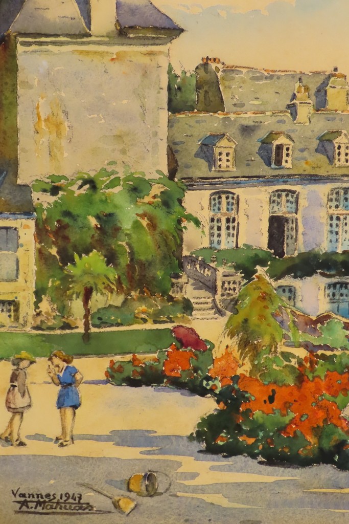 TABLEAU AQUARELLE LES JARDINS DE L’HOTEL DE LIMUR VANNES André Mahuas XX ème 