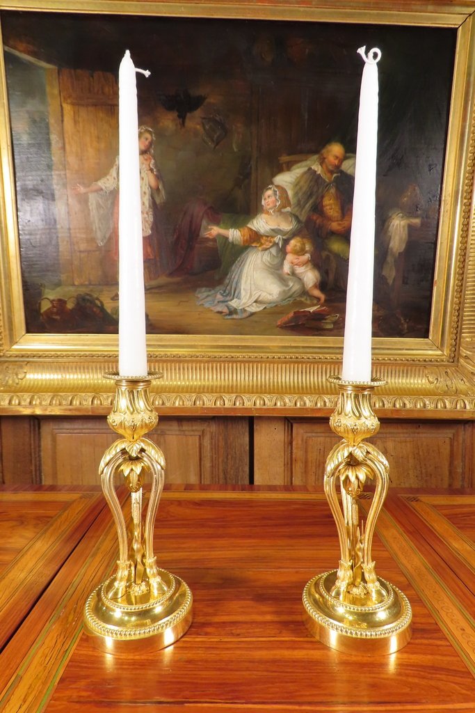 PAIRE DE BOUGEOIRS LAMPES EN BRONZE DORE Style Louis XVI -photo-2