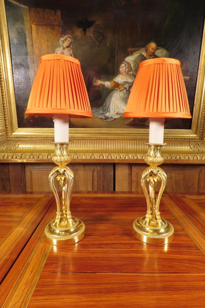 PAIRE DE BOUGEOIRS LAMPES EN BRONZE DORE Style Louis XVI -photo-4