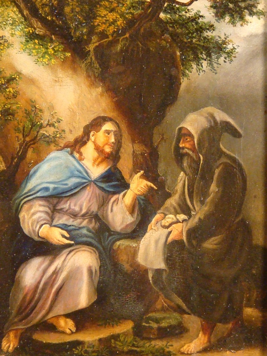 HUILE SUR PANNEAU LA TENTATION DU CHRIST EPOQUE DEBUT XIX ème -photo-3