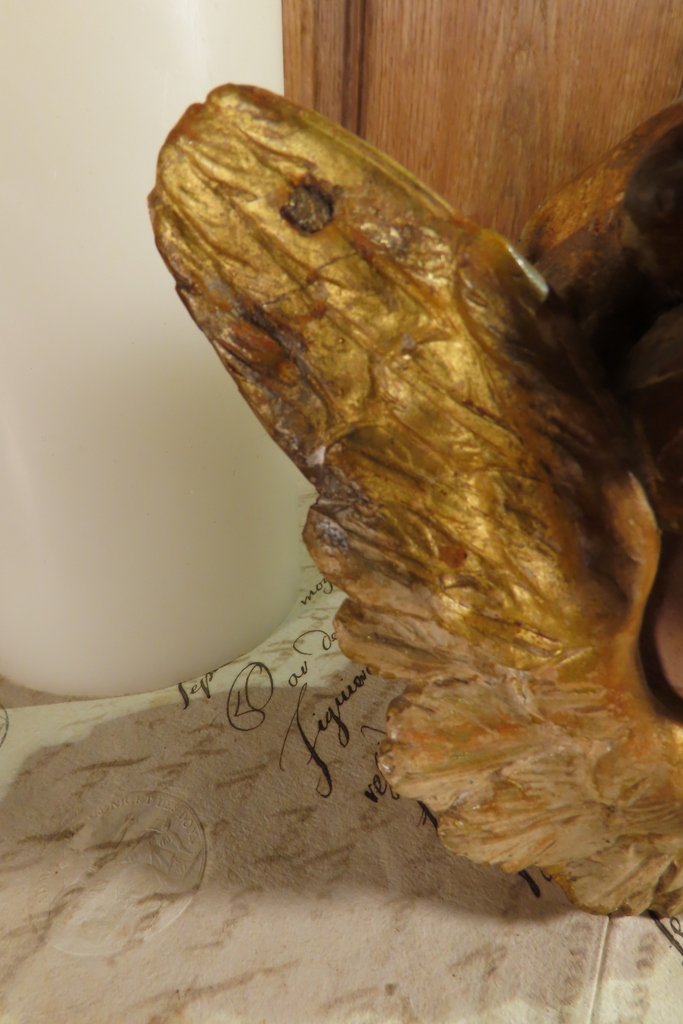 PAIRE DE PETITS ANGES EN BOIS SCULPTE POLYCHROME Epoque XVIII ème Siècle -photo-3