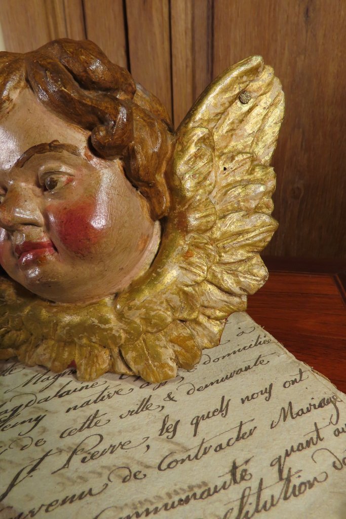 PAIRE DE PETITS ANGES EN BOIS SCULPTE POLYCHROME Epoque XVIII ème Siècle -photo-4