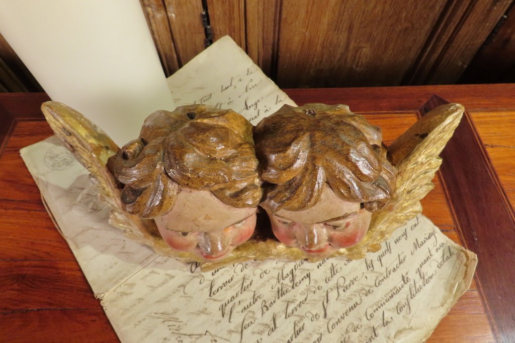 PAIRE DE PETITS ANGES EN BOIS SCULPTE POLYCHROME Epoque XVIII ème Siècle -photo-5
