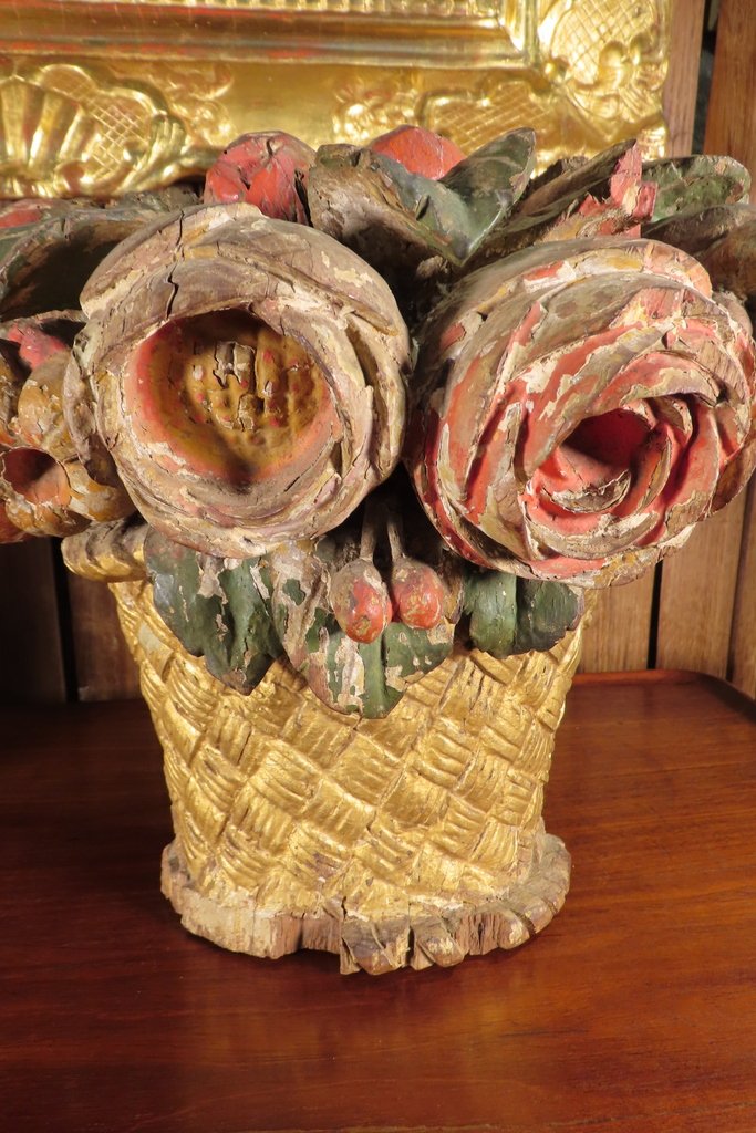 Pair Of Polychrome Wood Flower Baskets, 18th Century -photo-4