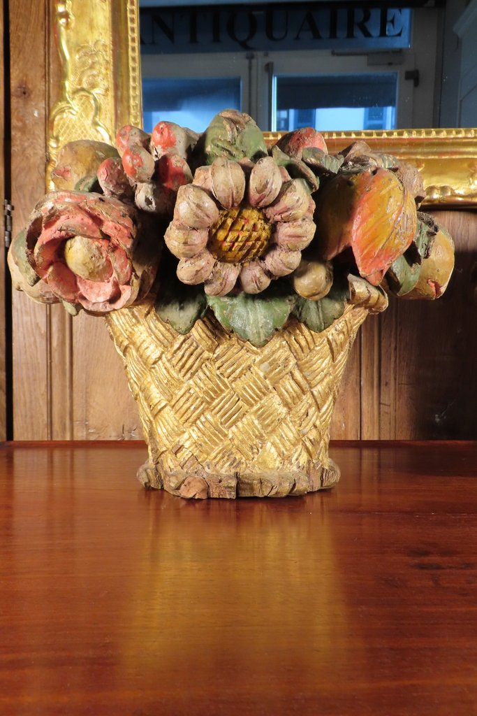 Pair Of Polychrome Wood Flower Baskets, 18th Century -photo-3