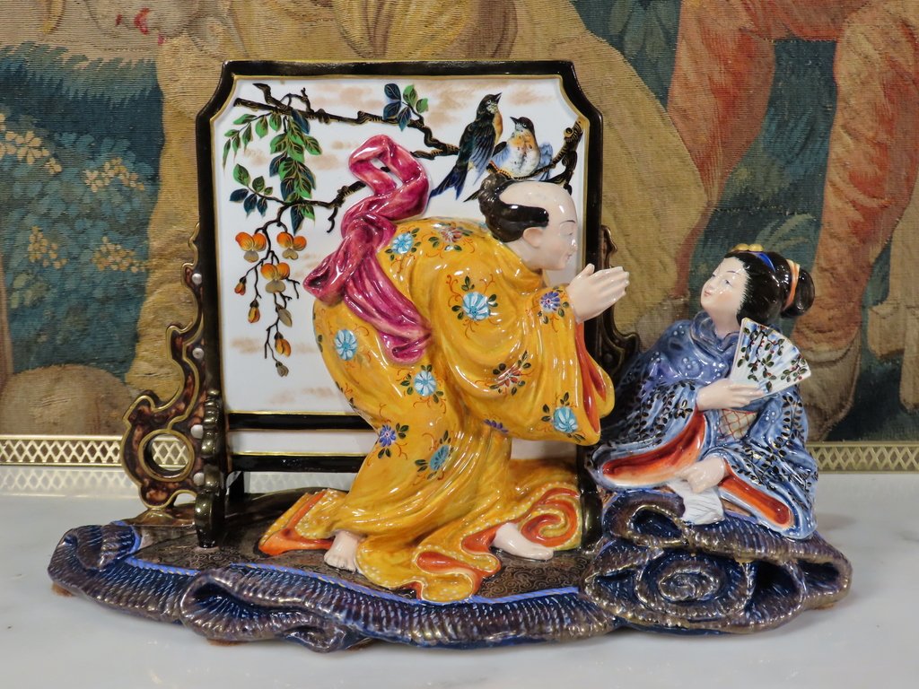 SCULPTURE A DECOR EXTREME ORIENT VASE EN FAIENCE Epoque fin XIX ème -photo-2