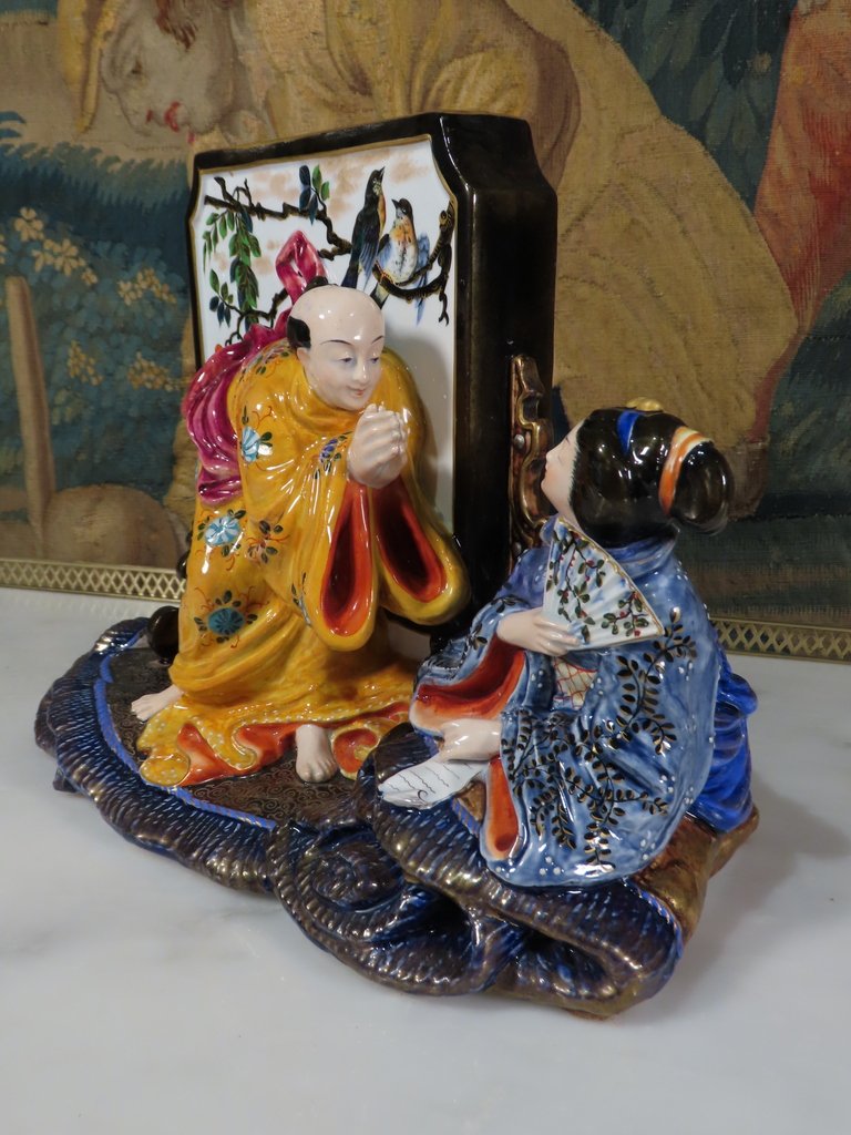 SCULPTURE A DECOR EXTREME ORIENT VASE EN FAIENCE Epoque fin XIX ème -photo-4