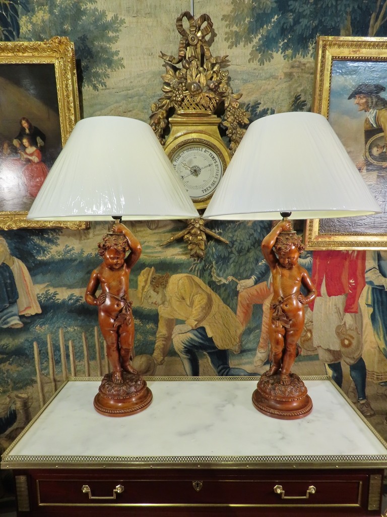 Pair Of Carved Wooden Lamps With Cup Decoration Italy Late 19th Century