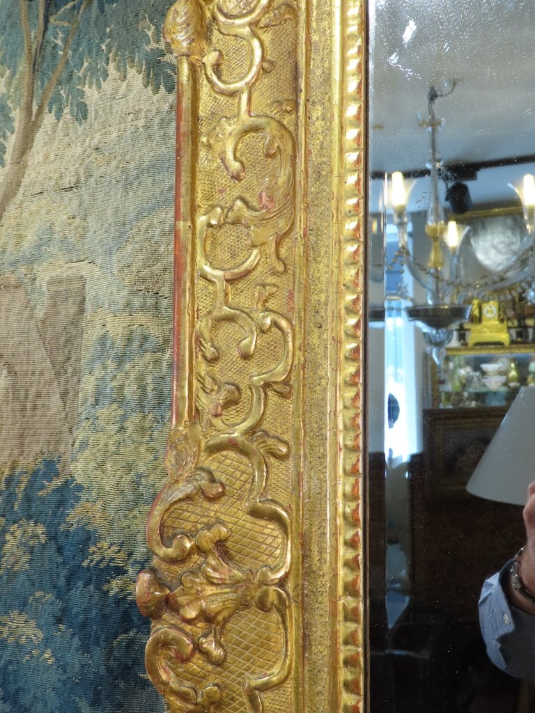 GRAND MIROIR EN BOIS SCULPTE DORE A FRONTON Epoque Régence -photo-5