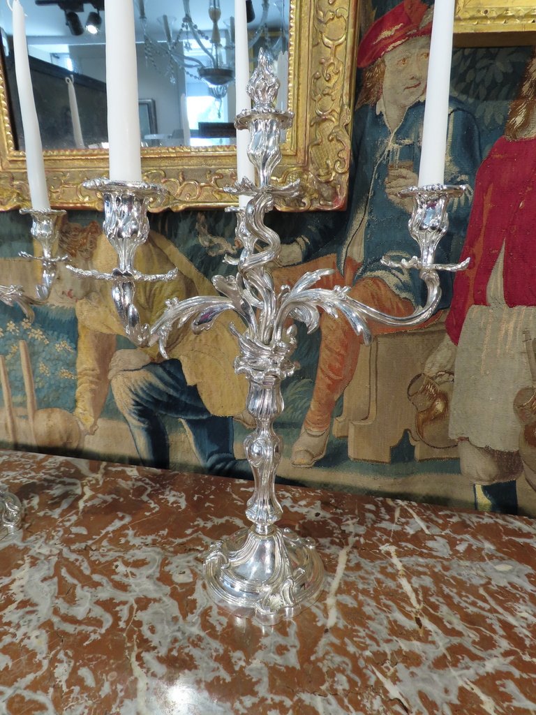 Pair Of Silver-plated Bronze Candelabres In The Louis XV Style, Second Empire Period -photo-2