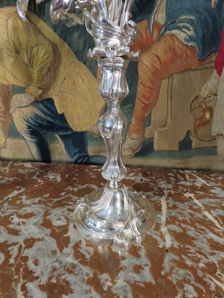 Pair Of Silver-plated Bronze Candelabres In The Louis XV Style, Second Empire Period -photo-3