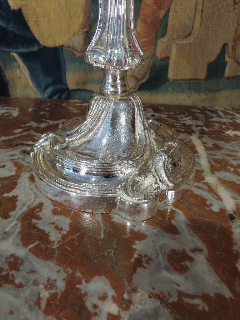 Pair Of Silver-plated Bronze Candelabres In The Louis XV Style, Second Empire Period -photo-4