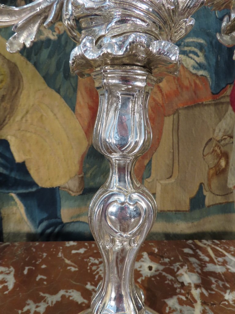 Pair Of Silver-plated Bronze Candelabres In The Louis XV Style, Second Empire Period -photo-4
