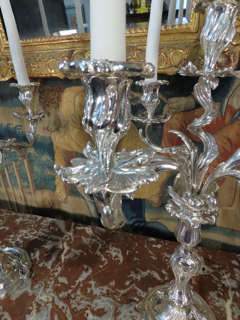 Pair Of Silver-plated Bronze Candelabres In The Louis XV Style, Second Empire Period -photo-5