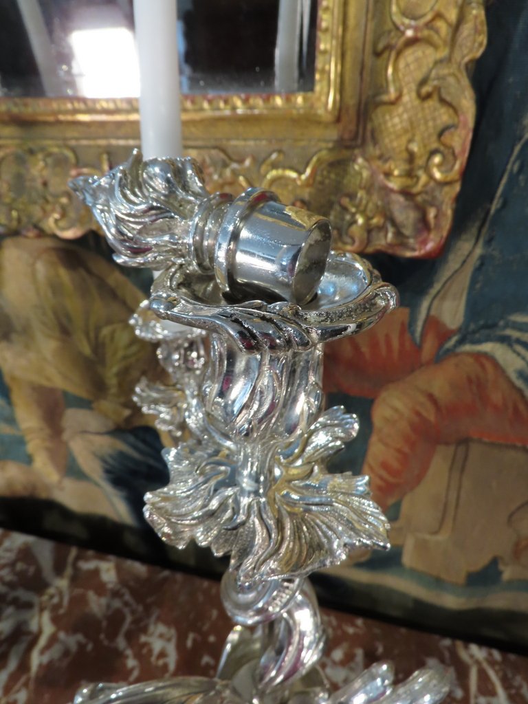 Pair Of Silver-plated Bronze Candelabres In The Louis XV Style, Second Empire Period -photo-7