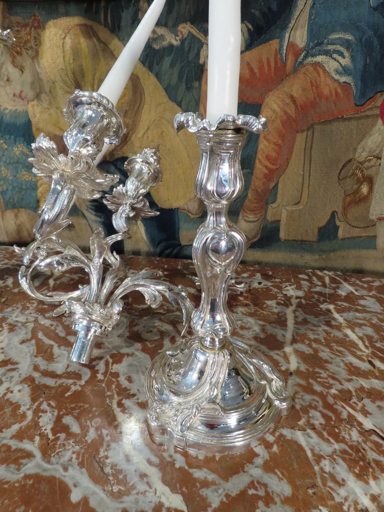 Pair Of Silver-plated Bronze Candelabres In The Louis XV Style, Second Empire Period -photo-8