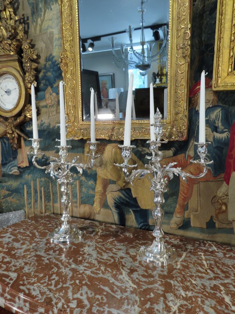 Pair Of Silver-plated Bronze Candelabres In The Louis XV Style, Second Empire Period 