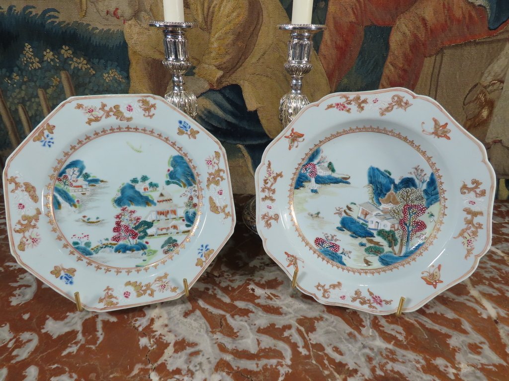 PAIRE ASSIETTES EN PORCELAINE DE LA COMPAGNIE DES INDES Epoque XVIII ème Siècle -photo-3