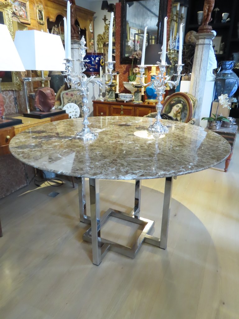  GRANDE TABLE RONDE A PLATEAU DE MARBRE Epoque vers 1970 -photo-1