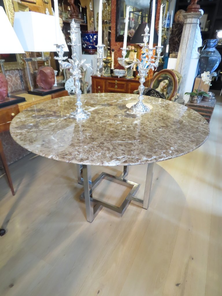  GRANDE TABLE RONDE A PLATEAU DE MARBRE Epoque vers 1970 -photo-6