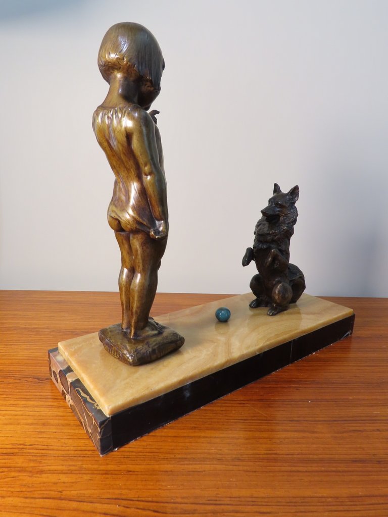 SCULPTURE EN BRONZE JEUNE FILLE ET SON CHIEN Epoque Art Déco -photo-6